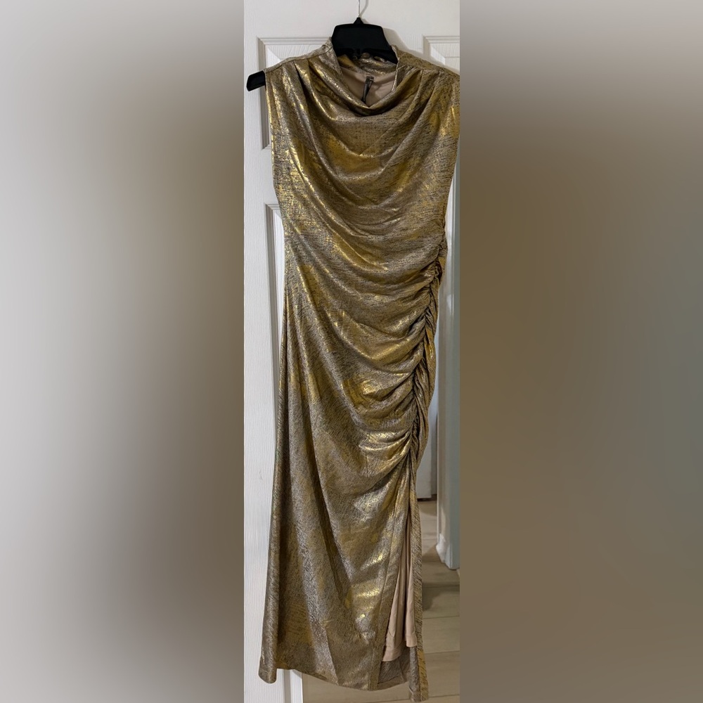 NWT Anthropologie Maya Gold Metallic Midi Dress with Side Slit - Picture 7 of 7